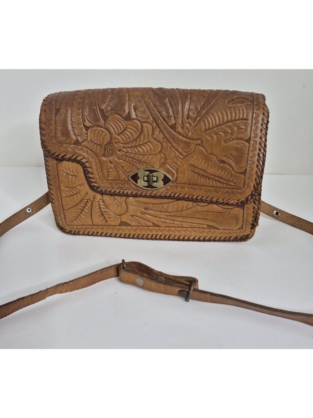 VTG  Hand Tooled Brown Leather Crossbody Bag With Turn Lock Closure